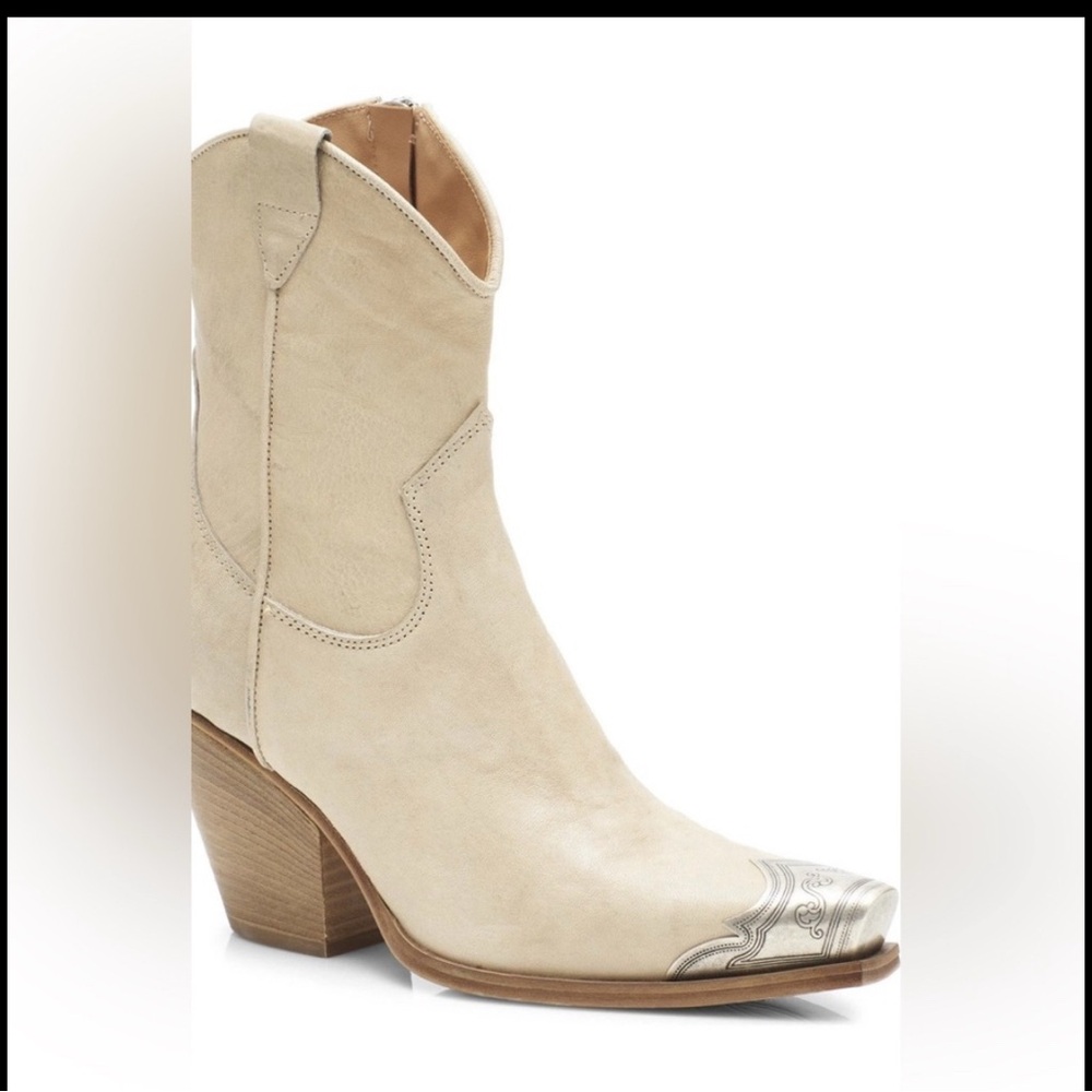 Free People Cream Western Ankle Boots with Silver Toe Detail